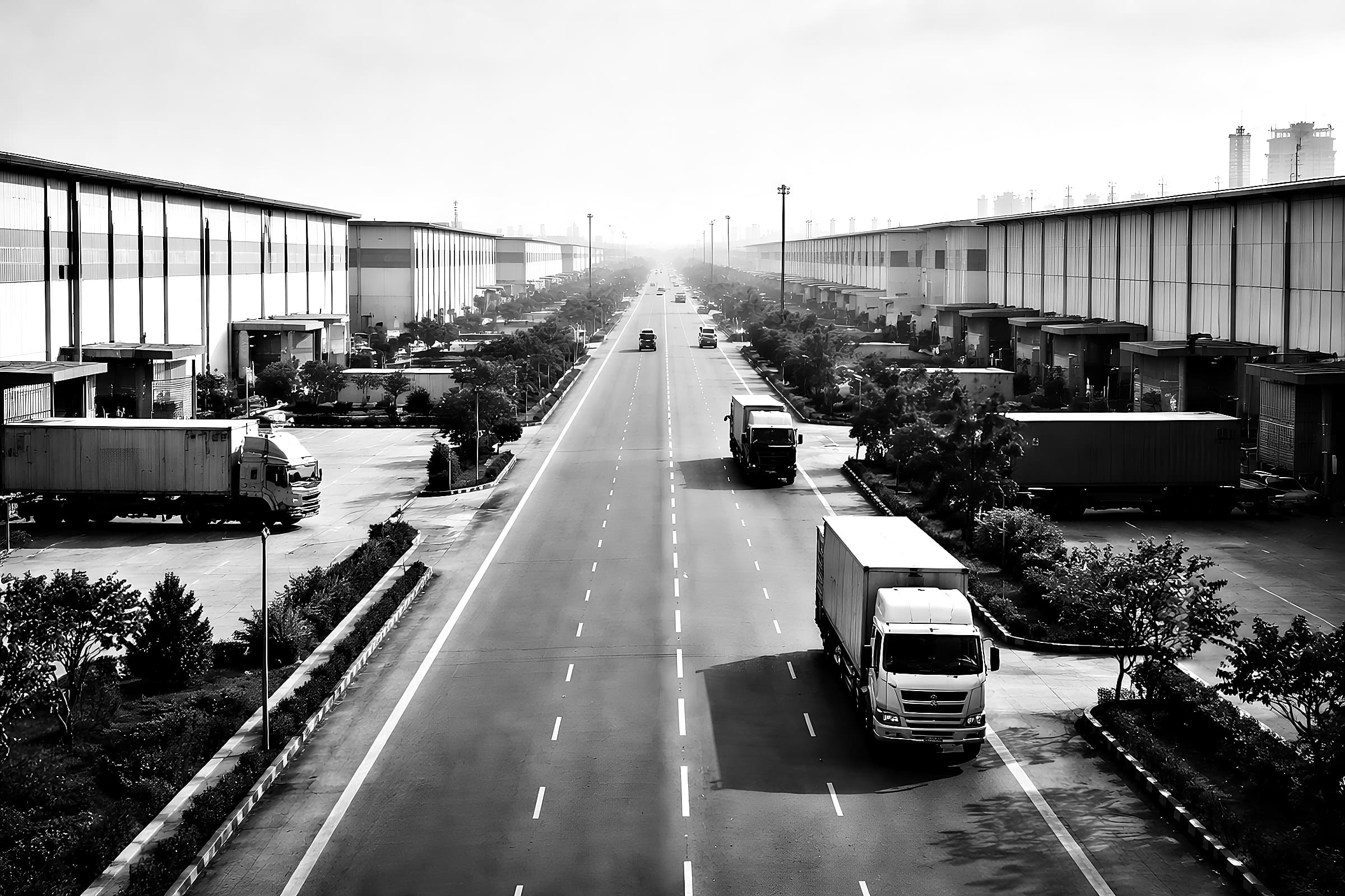 Warehouses lining a wide logistics road