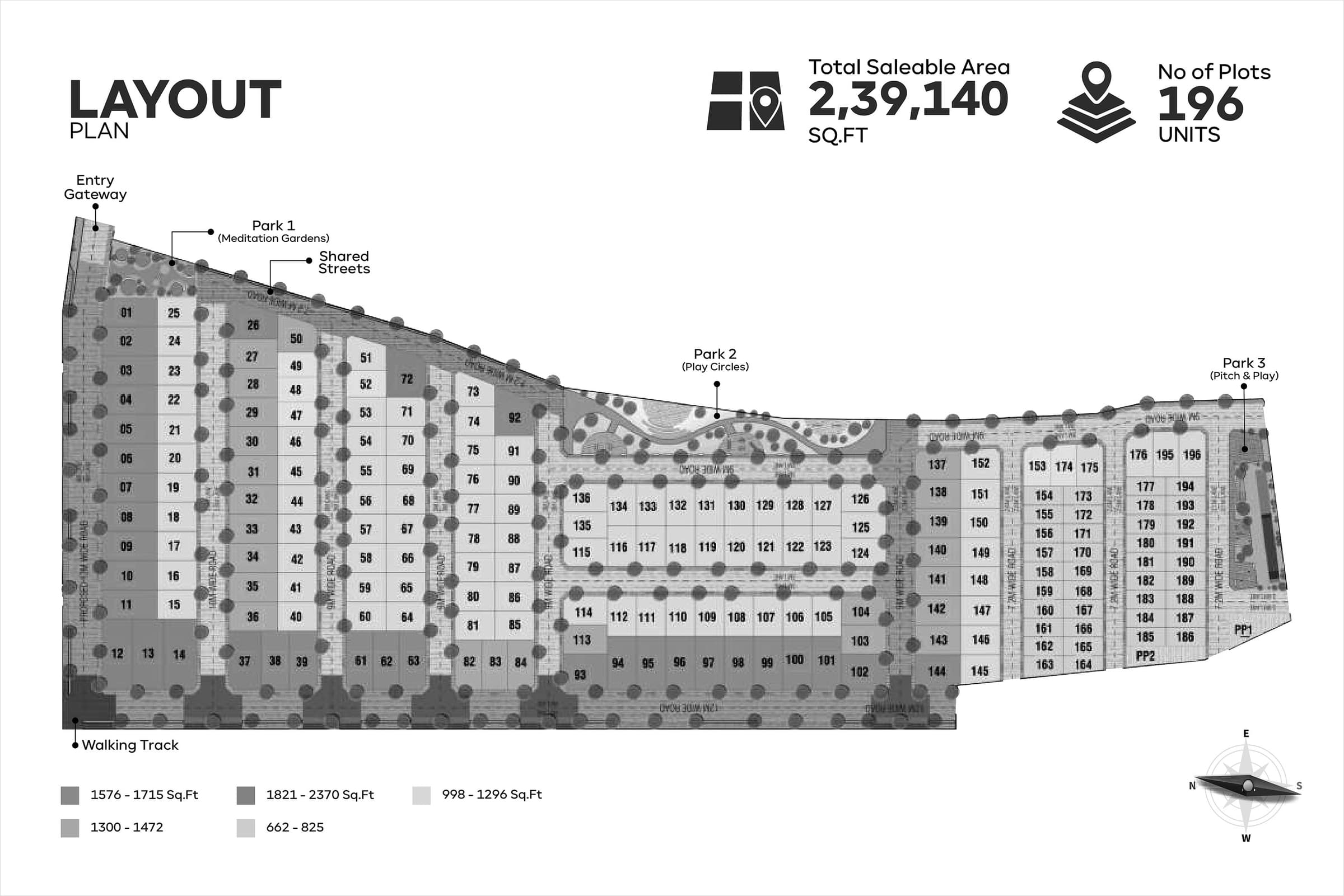 Layout plan of Paulsn Gardens: 196 numbered plots, internal roads, three parks and the walking track